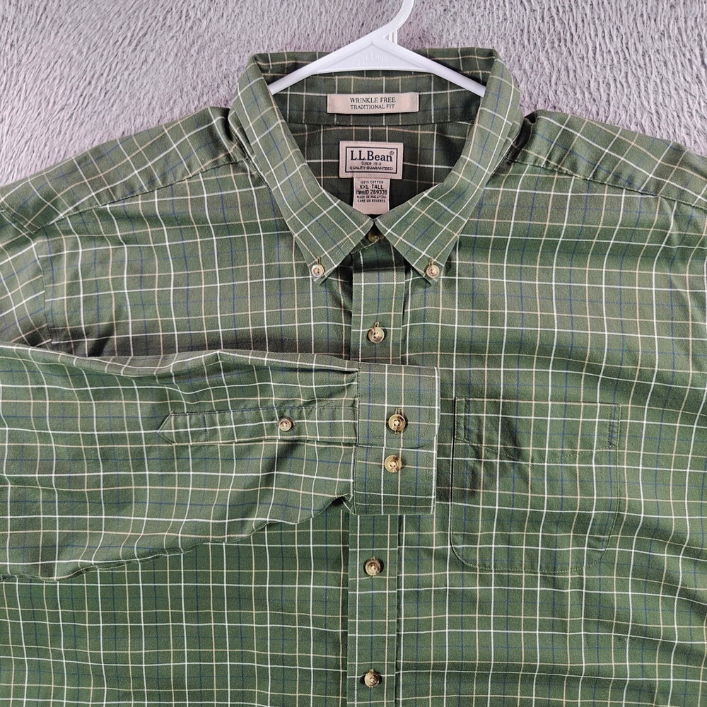 LL Bean Mens XXL Tall Green Plaid Wrinkle Free Traditional Fit Shirt